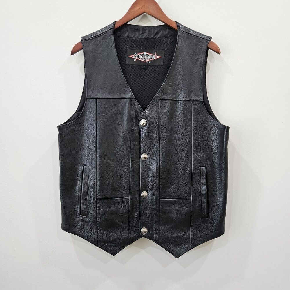 Street & Steel Mens Leather Biker Vest Large Black Western Moto Grunge Punk